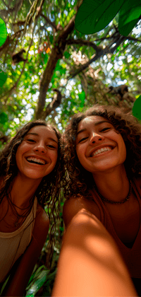 Dos turistas tomándose una selfie con árboles de fondo